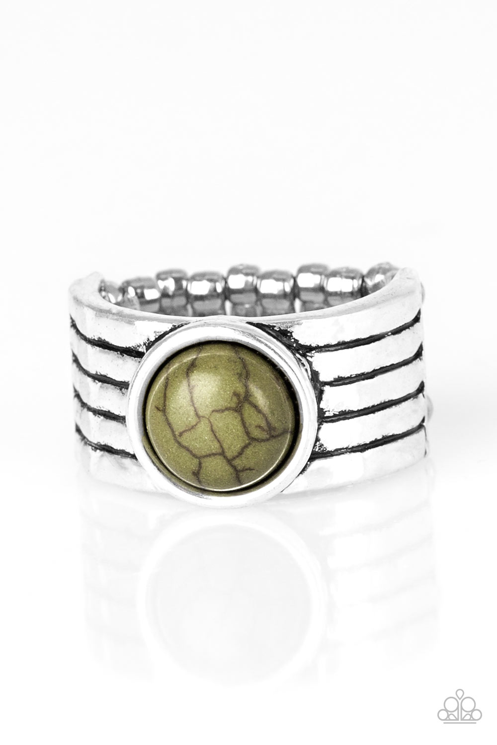 Blooming Badlands Green Ring - Paparazzi Accessories  Antiqued lines race across a thick silver band, creating the illusion of stacked bands. An earthy green stone is pressed into the center of the delicately hammered band for a seasonal finish. Features a stretchy band for a flexible fit.  Sold as one individual ring.