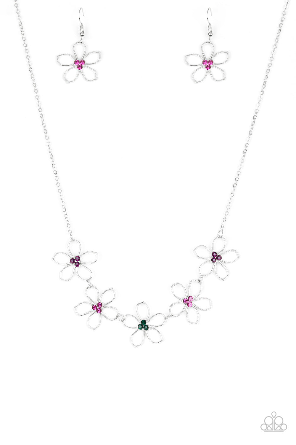 Hoppin Hibiscus Multi Necklace - Paparazzi Accessories  Dotted with radiant multicolored rhinestone centers, airy silver flowers link below the collar for a seasonal look. Features an adjustable clasp closure.  All Paparazzi Accessories are lead free and nickel free!  Sold as one individual necklace. Includes one pair of matching earrings.
