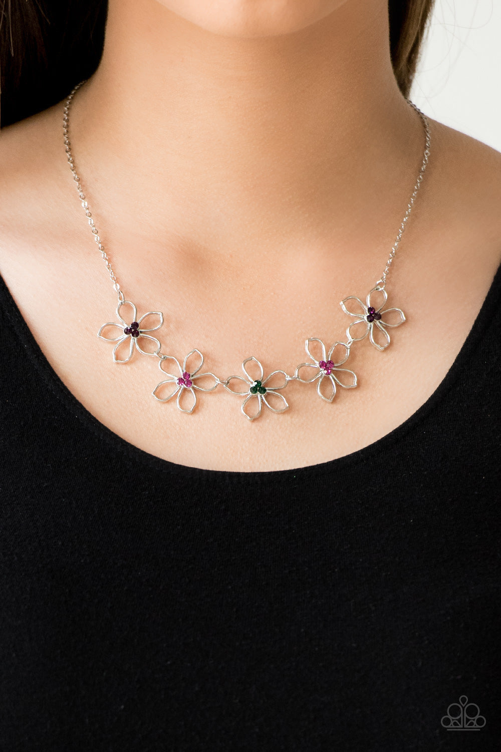Hoppin Hibiscus Multi Necklace - Paparazzi Accessories  Dotted with radiant multicolored rhinestone centers, airy silver flowers link below the collar for a seasonal look. Features an adjustable clasp closure.  All Paparazzi Accessories are lead free and nickel free!  Sold as one individual necklace. Includes one pair of matching earrings.