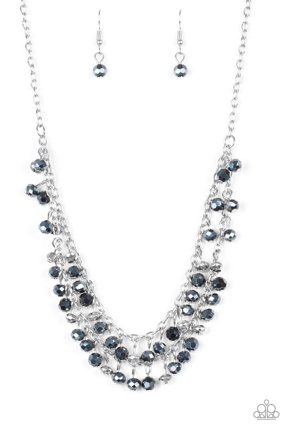 So In Season Blue Necklace - Paparazzi Accessories  Metallic blue gems and faceted silver beads dangle from two rows of silver chains, creating a glamorous fringe below the collar. Features an adjustable clasp closure.  Sold as one individual necklace. Includes one pair of matching earrings.