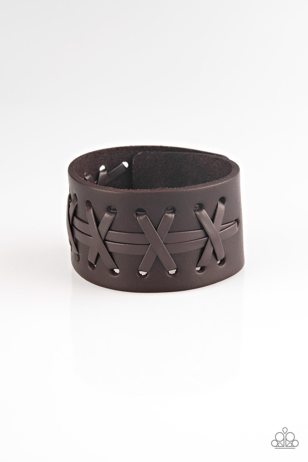 Super Sporty Brown Unisex Wrap Bracelet - Paparazzi Accessories  Brown leather cording is laced across the front of a thick leather band for a rugged look. Features an adjustable snap closure.&nbsp;  Sold as one individual bracelet.  SKU: P9UR-BNXX-381XX