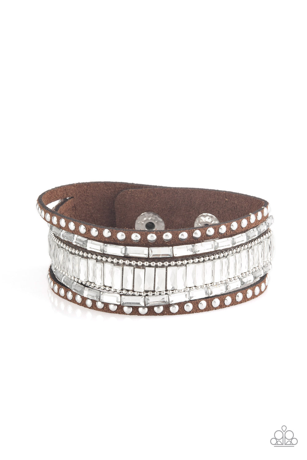 Rock Star Rocker - Brown Item #P9DI-URBN-068XX Shiny silver studs, dainty silver ball chains, and edgy white emerald-cut rhinestones race along a spliced brown suede band for a rock star look. Features an adjustable snap closure.  Sold as one individual bracelet.