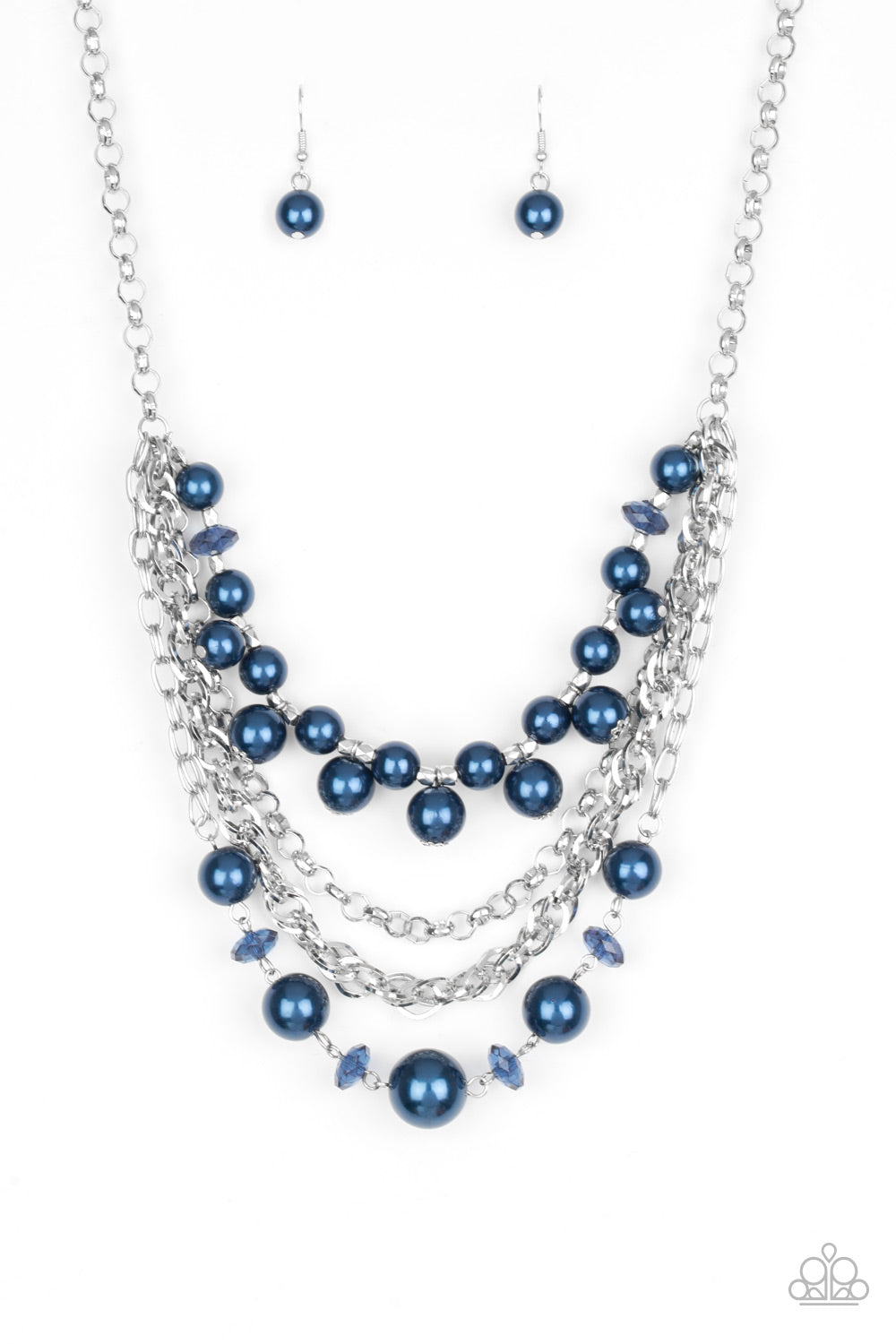 Rockin Rockette - Blue Item #P2ST-BLXX-023XX Varying in size, blue pearls, blue crystal-like beads, and faceted silver beads join with mismatched silver chains below the collar, creating a radically refined fringe. Features an adjustable clasp closure.  Sold as one individual necklace. Includes one pair of matching earrings.