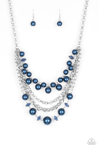 Rockin Rockette - Blue Item #P2ST-BLXX-023XX Varying in size, blue pearls, blue crystal-like beads, and faceted silver beads join with mismatched silver chains below the collar, creating a radically refined fringe. Features an adjustable clasp closure.  Sold as one individual necklace. Includes one pair of matching earrings.
