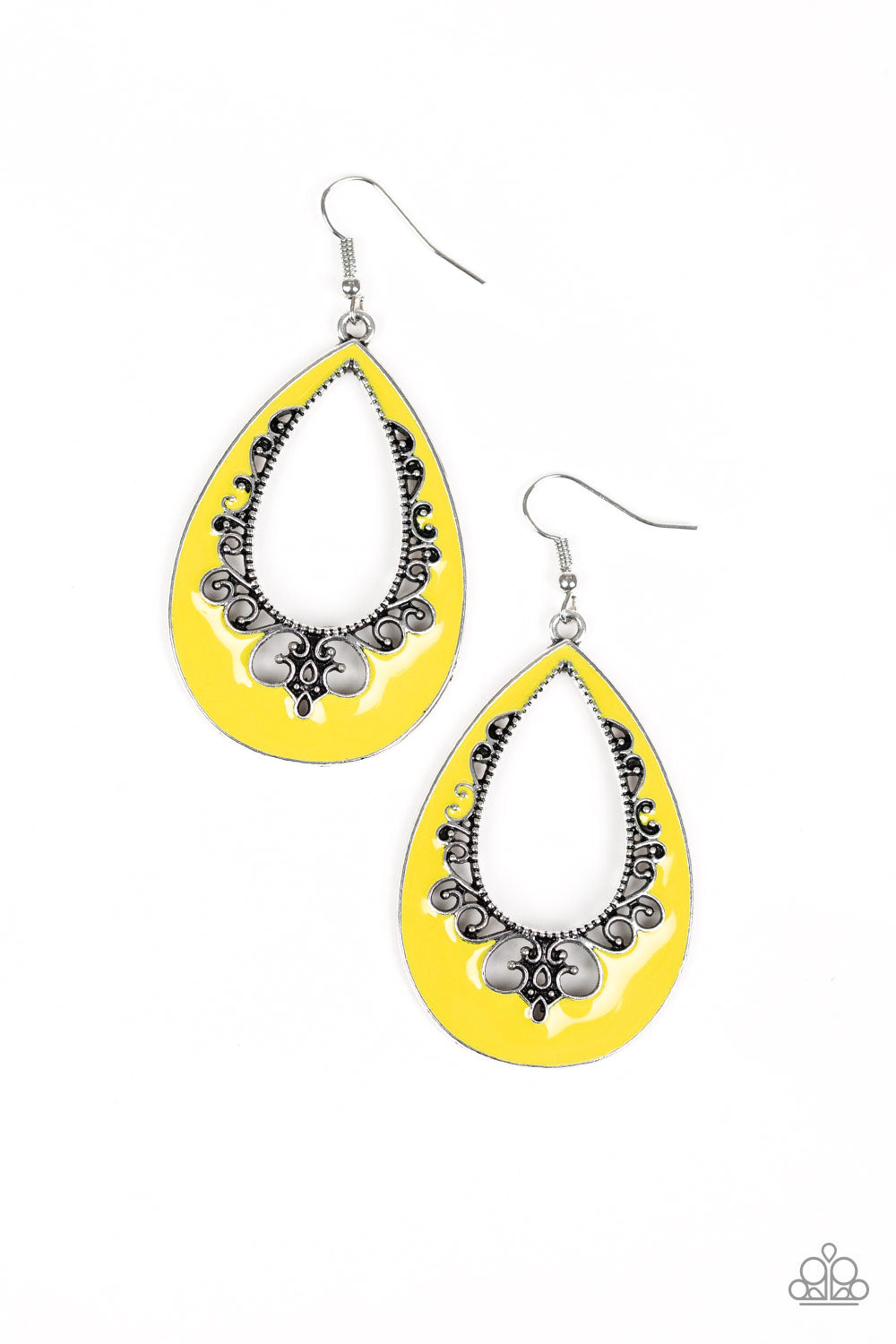 Compliments To The CHIC - Yellow Item #JJG-E302 Painted in a shiny yellow finish, an airy silver teardrop swings from the ear in a whimsical fashion. The colorful frame features cutout filigree patterns for a seasonal flair. Earring attaches to a standard fishhook fitting. All Paparazzi Accessories are lead free and nickel free!  Sold as one pair of earrings.