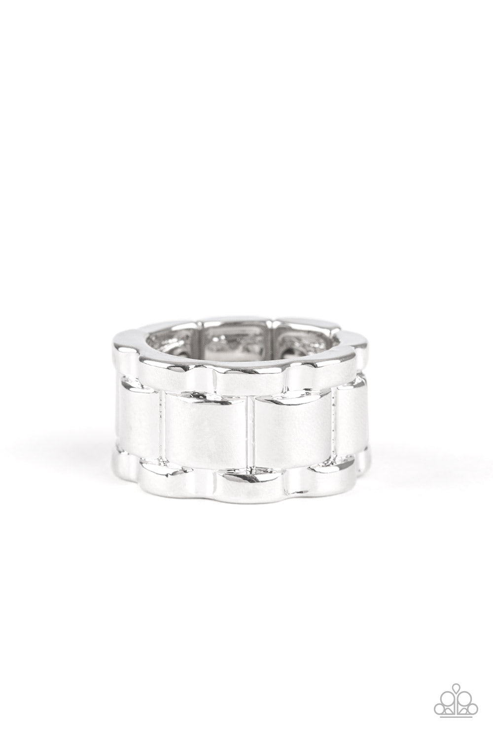 Modern Machinery - Silver Embossed in a tread-like pattern, an ornate silver band arcs across the finger for a bold look. Features a stretchy band for a flexible fit.   Sold as one individual ring.