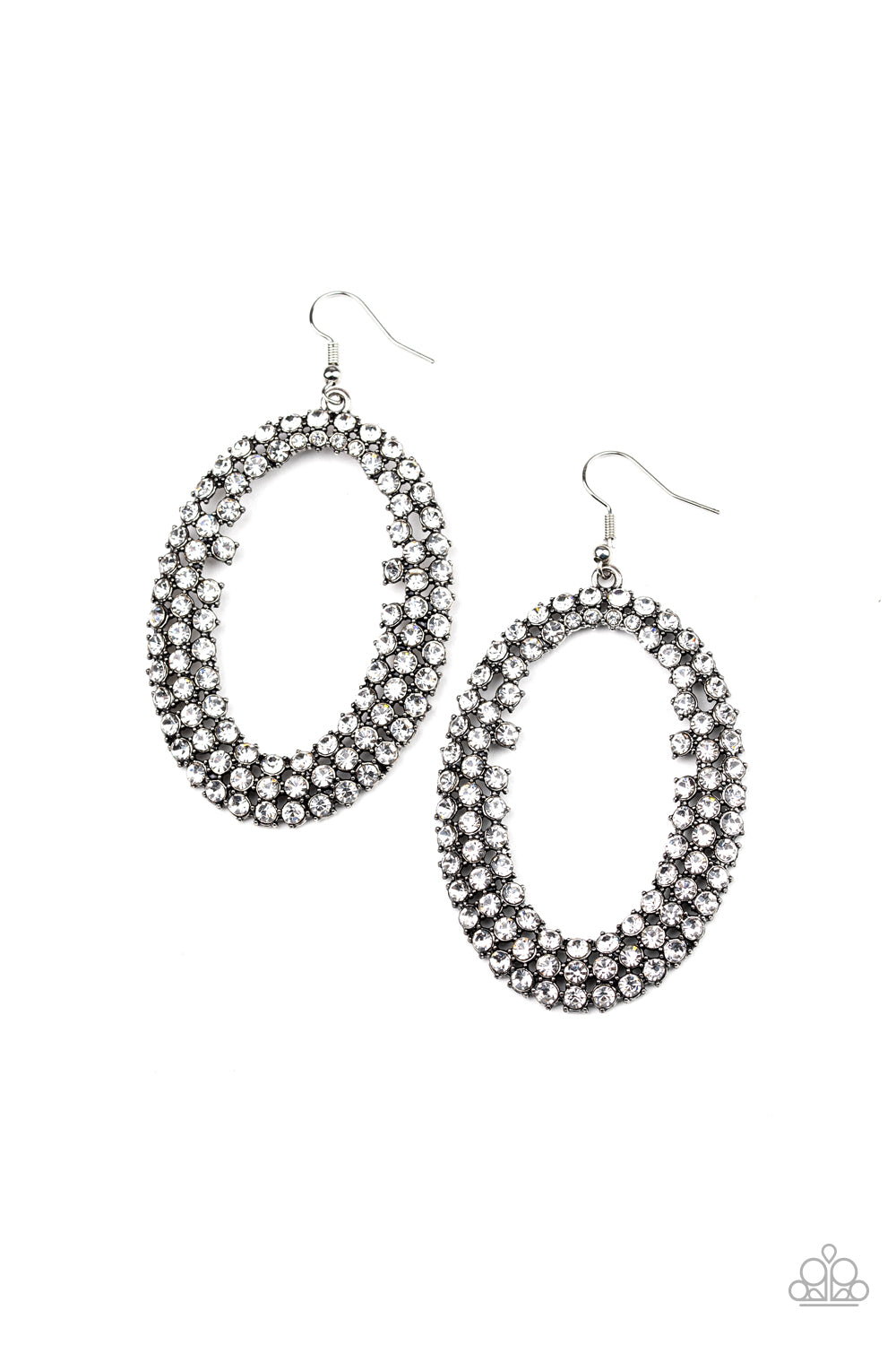 Radical Razzle White Rhinestone Earring - Paparazzi Accessories Item #E407 Row after row of glittery white rhinestones encircle into an oversized hoop, creating a gritty glamorous look. Earring attaches to a standard fishhook fitting. All Paparazzi Accessories are lead free and nickel free!  Sold as one pair of earrings.