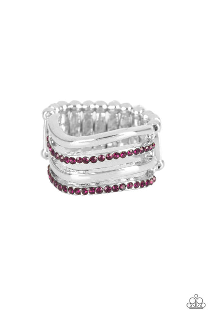 Pageant Wave - Purple Item #P4RE-PRXX-118XX Glistening silver and purple rhinestone encrusted bars wave across the finger, coalescing into an airy band. Features a stretchy band for a flexible fit.  Sold as one individual ring.