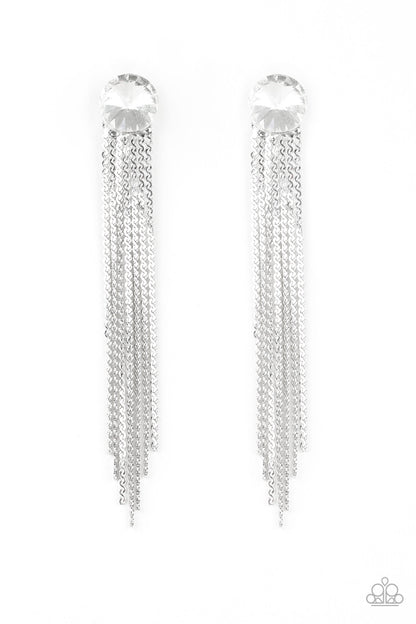 Level Up White Rhinestone Post Earring - Paparazzi Accessories  Flat silver chains stream from the bottom of a solitaire white gem, creating a dramatically tapered fringe. Earring attaches to a standard post fitting.  Sold as one pair of post earrings.
