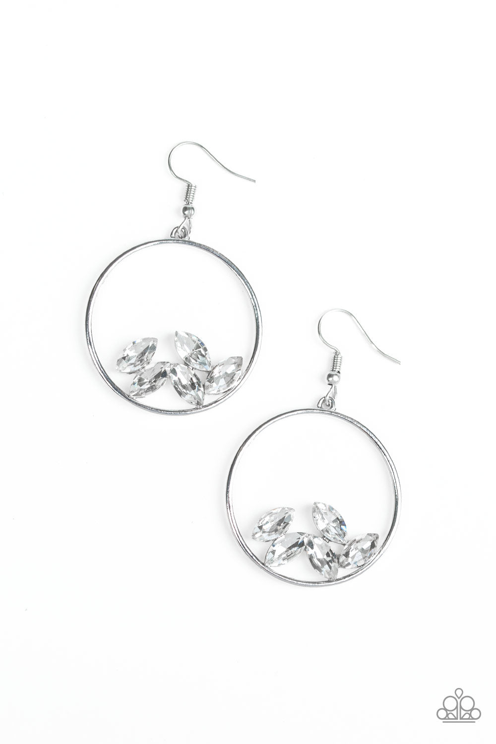 Cue The Confetti White Earring - Paparazzi Accessories  Glittery white marquise-cut rhinestones collect at the bottom of an airy silver hoop for a glamorous look. Earring attaches to a standard fishhook fitting.  All Paparazzi Accessories are lead free and nickel free!  Sold as one pair of earrings.