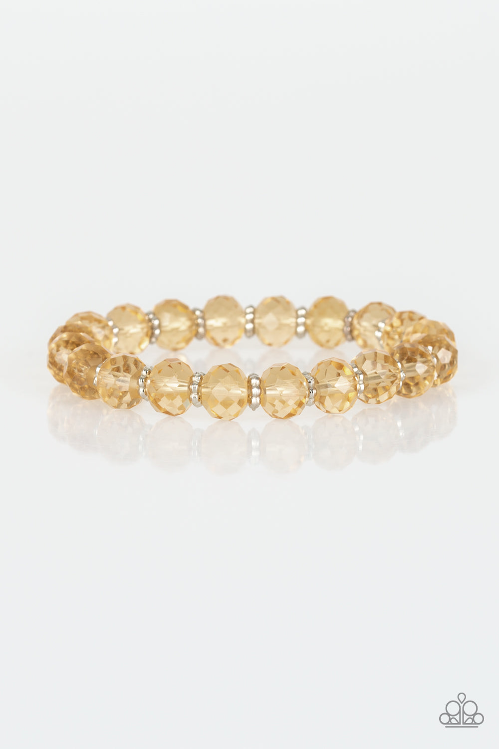 Crystal Candelabras Gold Bracelet - Paparazzi Accessories  Glittery crystal-like beads and studded silver rings are threaded along a stretchy band around the wrist for a sophisticated look.  All Paparazzi Accessories are lead free and nickel free!  Sold as one individual bracelet.