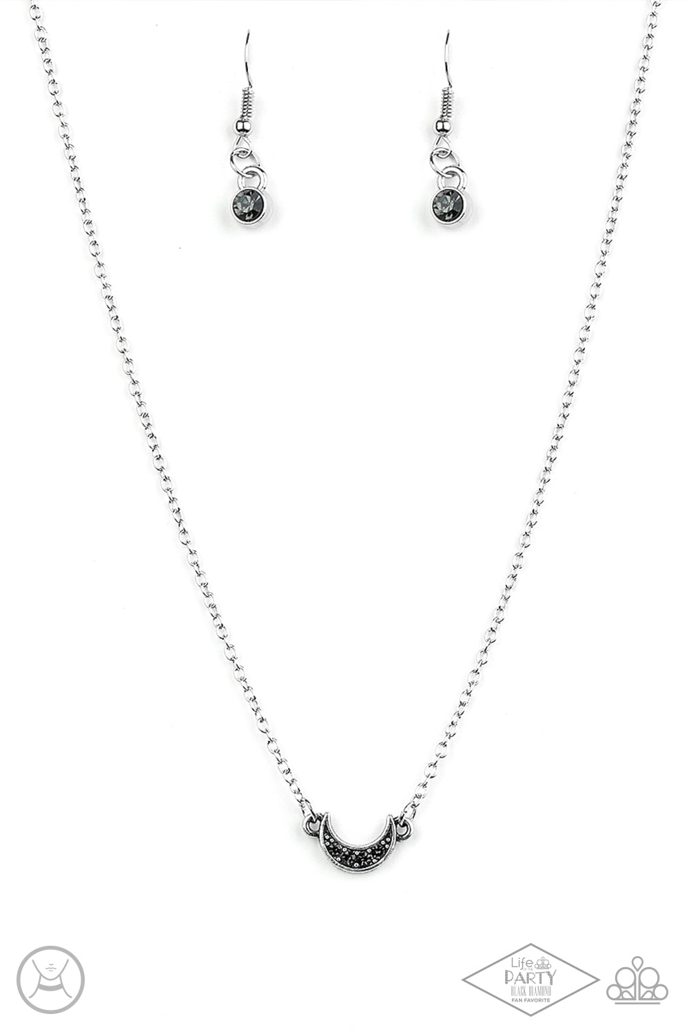 Promise The Moon Silver Choker Necklace - Paparazzi Accessories  Encrusted in smoky rhinestones, a dainty silver half-moon frame attaches to a dainty shimmery chain around the neck for a minimalist inspired fashion. Features an adjustable clasp closure.  Sold as one individual choker necklace. Includes one pair of matching earrings. This Fan Favorite is back in the spotlight at the request of our 2021 Life of the Party member with Black Diamond Access, Lindsay K.