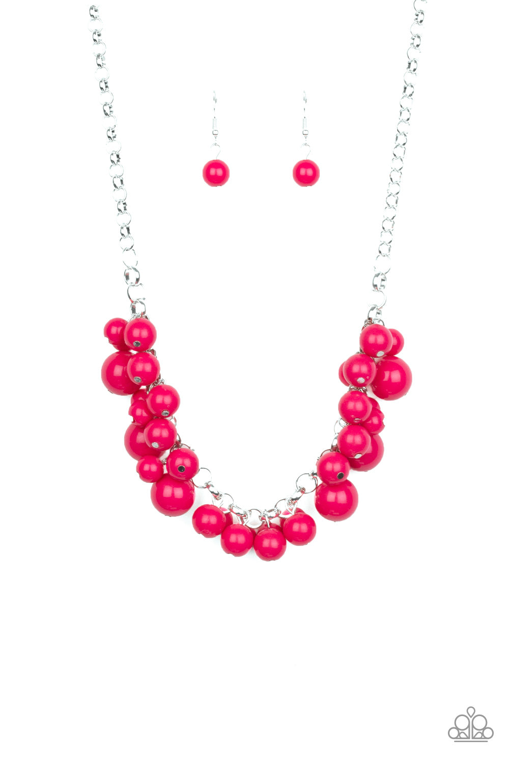 Walk This BROADWAY Pink Necklace - Paparazzi Accessories  A collection of bubbly pink beads swings from the bottom of a shimmery silver chain, creating a vivacious fringe below the collar. Features an adjustable clasp closure.  All Paparazzi Accessories are lead free and nickel free!  Sold as one individual necklace. Includes one pair of matching earrings.
