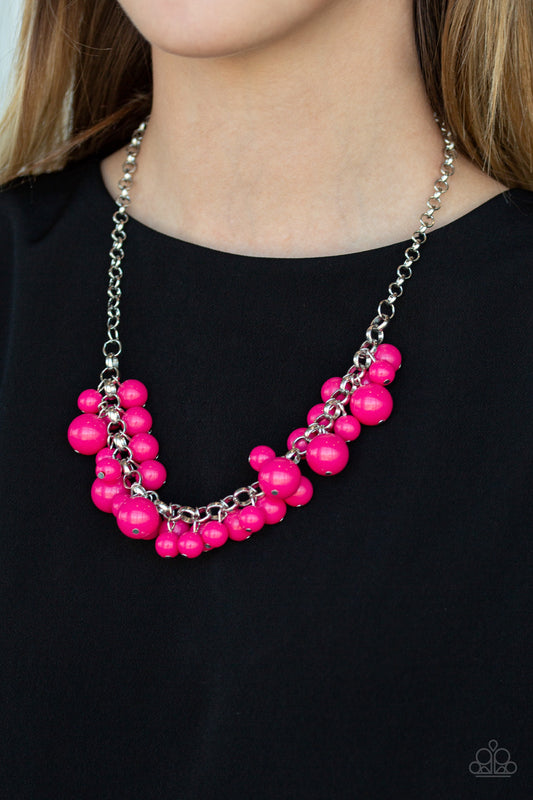 Walk This BROADWAY Pink Necklace - Paparazzi Accessories  A collection of bubbly pink beads swings from the bottom of a shimmery silver chain, creating a vivacious fringe below the collar. Features an adjustable clasp closure.  All Paparazzi Accessories are lead free and nickel free!  Sold as one individual necklace. Includes one pair of matching earrings.