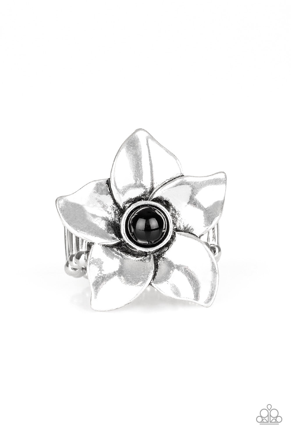 Ask For Flowers Black Ring - Paparazzi Accessories  Glistening silver petals fold around a shiny black beaded center, creating a whimsical flower atop the finger. Features a stretchy band for a flexible fit.  All Paparazzi Accessories are lead free and nickel free!  Sold as one individual ring.