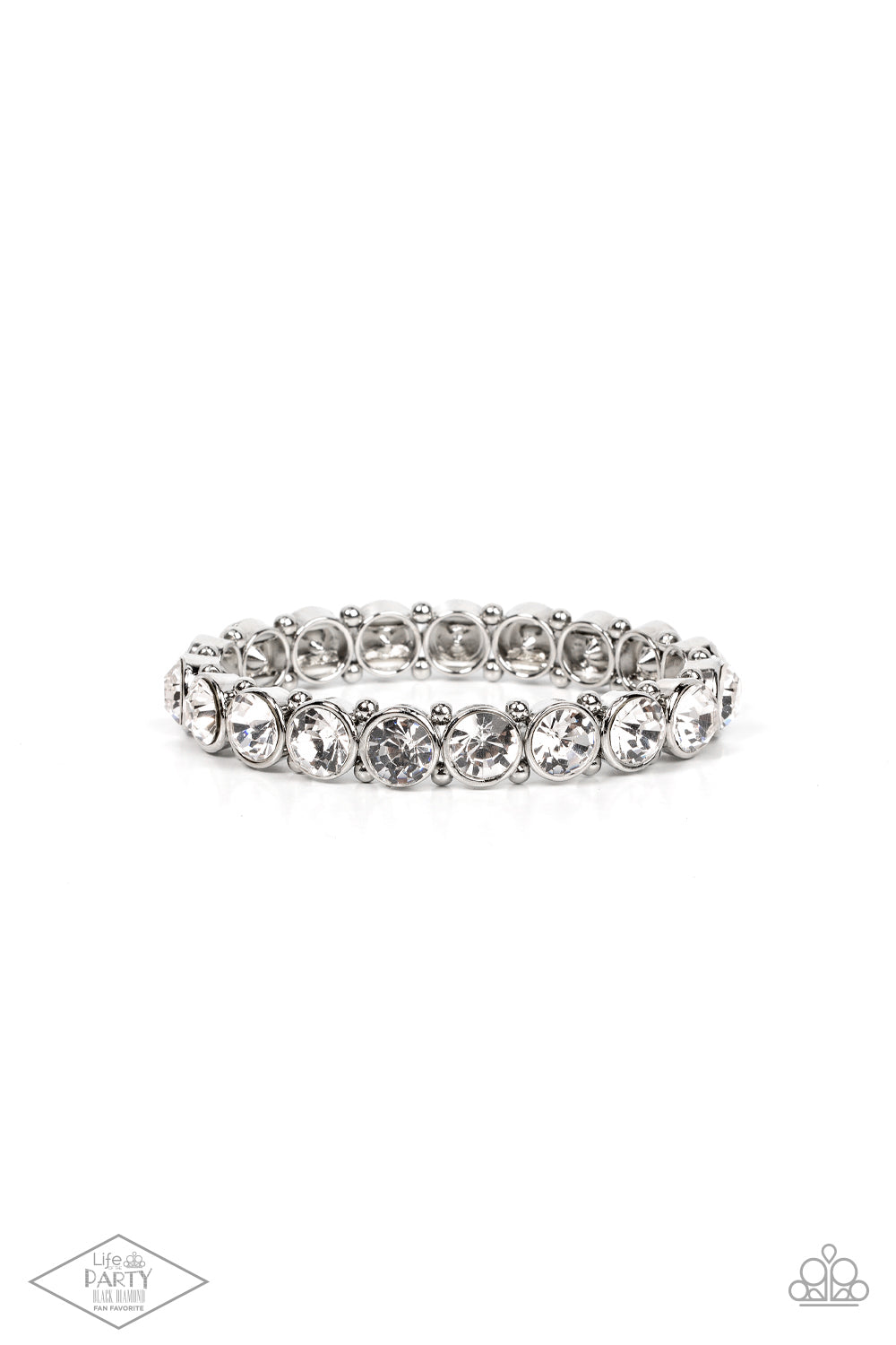 Sugar-Coated Sparkle White Bracelet - Paparazzi Accessories  Infused with dainty silver beads, glassy white rhinestone encrusted frames are threaded along stretchy bands around the wrist for a glamorous look.  Sold as one individual bracelet.  FANFAVORITE This Fan Favorite is back in the spotlight at the request of our 2021 Life of the Party member with Black Diamond Access, Kristen I.