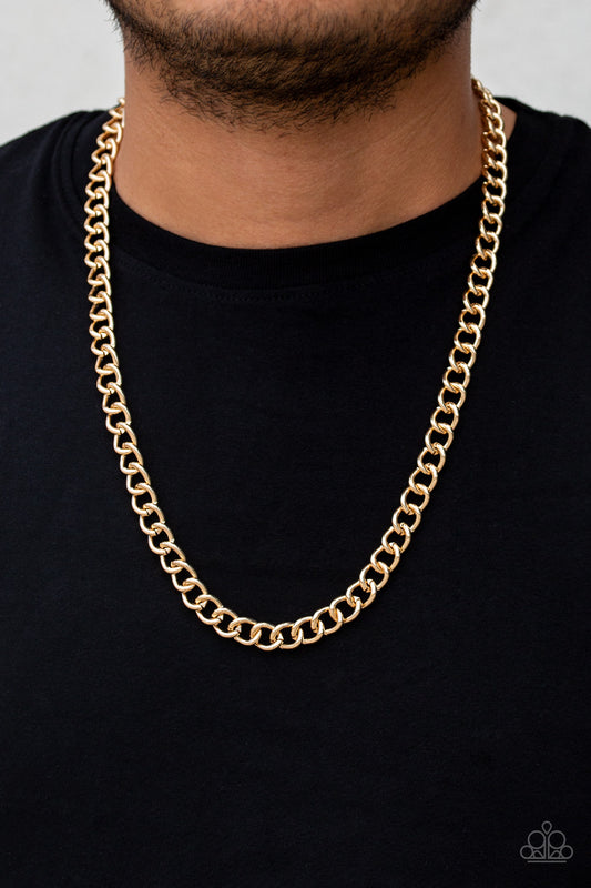 Full Court Gold Urban Necklace - Paparazzi Accessories  Brushed in a high-sheen finish, a classic gold chain drapes across the chest for a casual look. Features an adjustable clasp closure.  All Paparazzi Accessories are lead free and nickel free!  Sold as one individual necklace.  Get The Complete Look!  Bracelet: "Sideline - Gold" (Sold Separately)