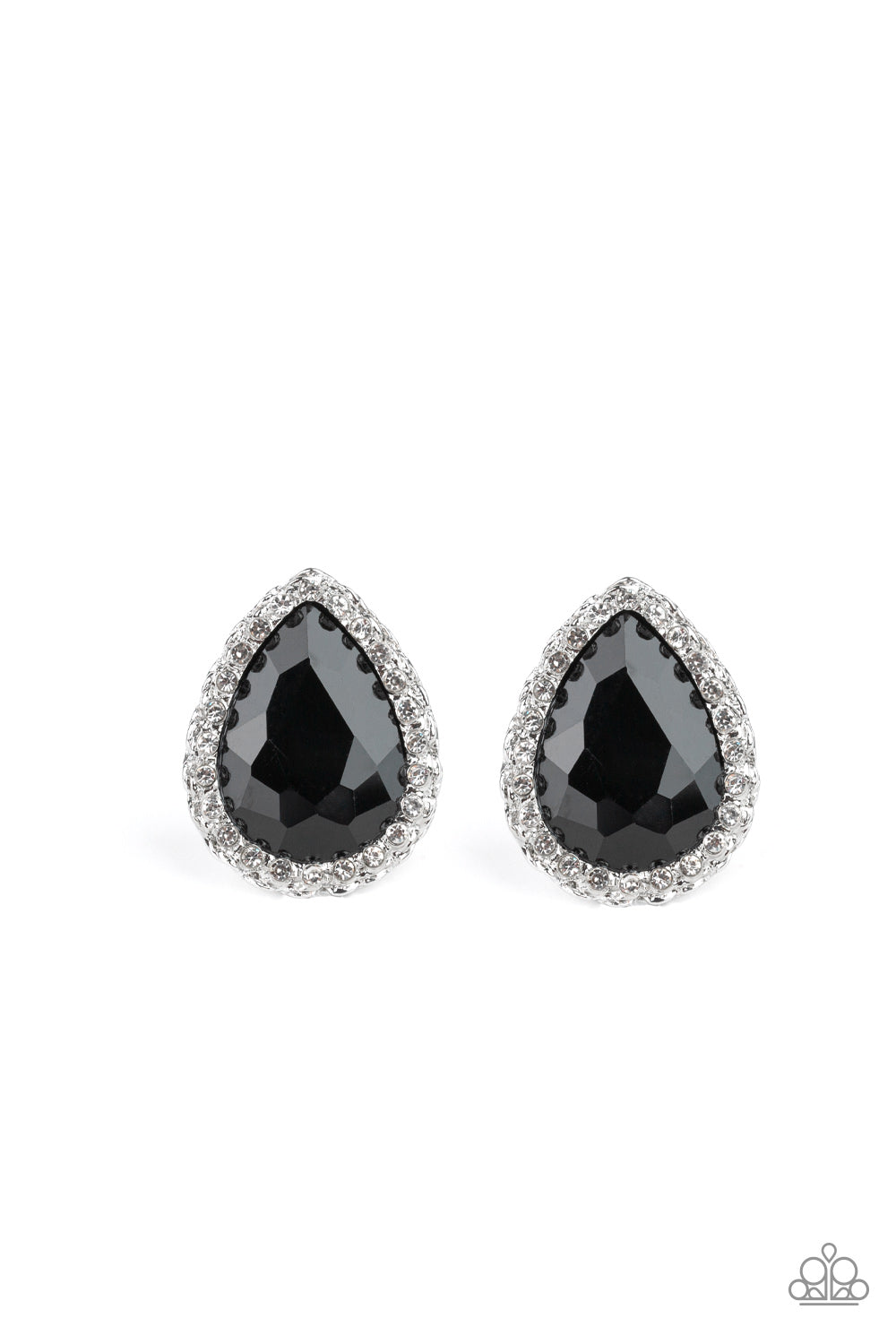 Dare To Shine Black Earring - Paparazzi Accessories  Encrusted in a ring of glittery white rhinestones, an overly dramatic black teardrop gem is pressed into a textured silver frame for a glamorous look. Earring attaches to a standard post fitting.  All Paparazzi Accessories are lead free and nickel free!  Sold as one pair of post earrings.