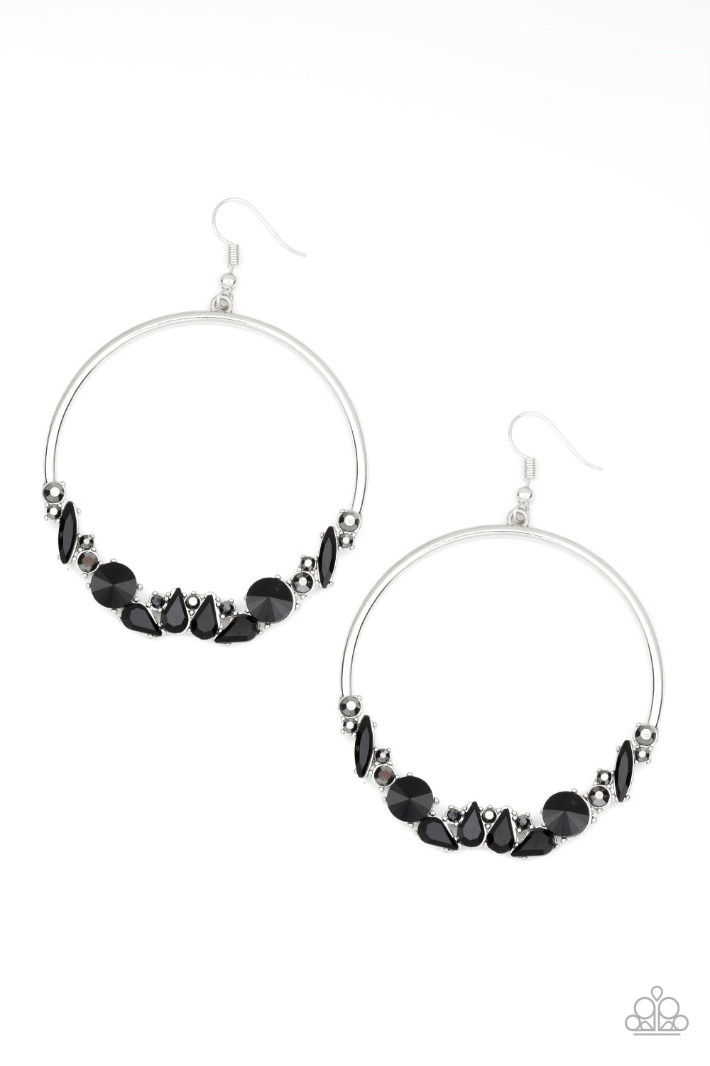 Business Casual Black Earring - Paparazzi Accessories  Vary in size and shape, an edgy collection of black and hematite rhinestones are encrusted along the bottom of a silver hoop for a glamorous look. Earring attaches to a standard fishhook fitting.  All Paparazzi Accessories are lead free and nickel free!  Sold as one pair of earrings.