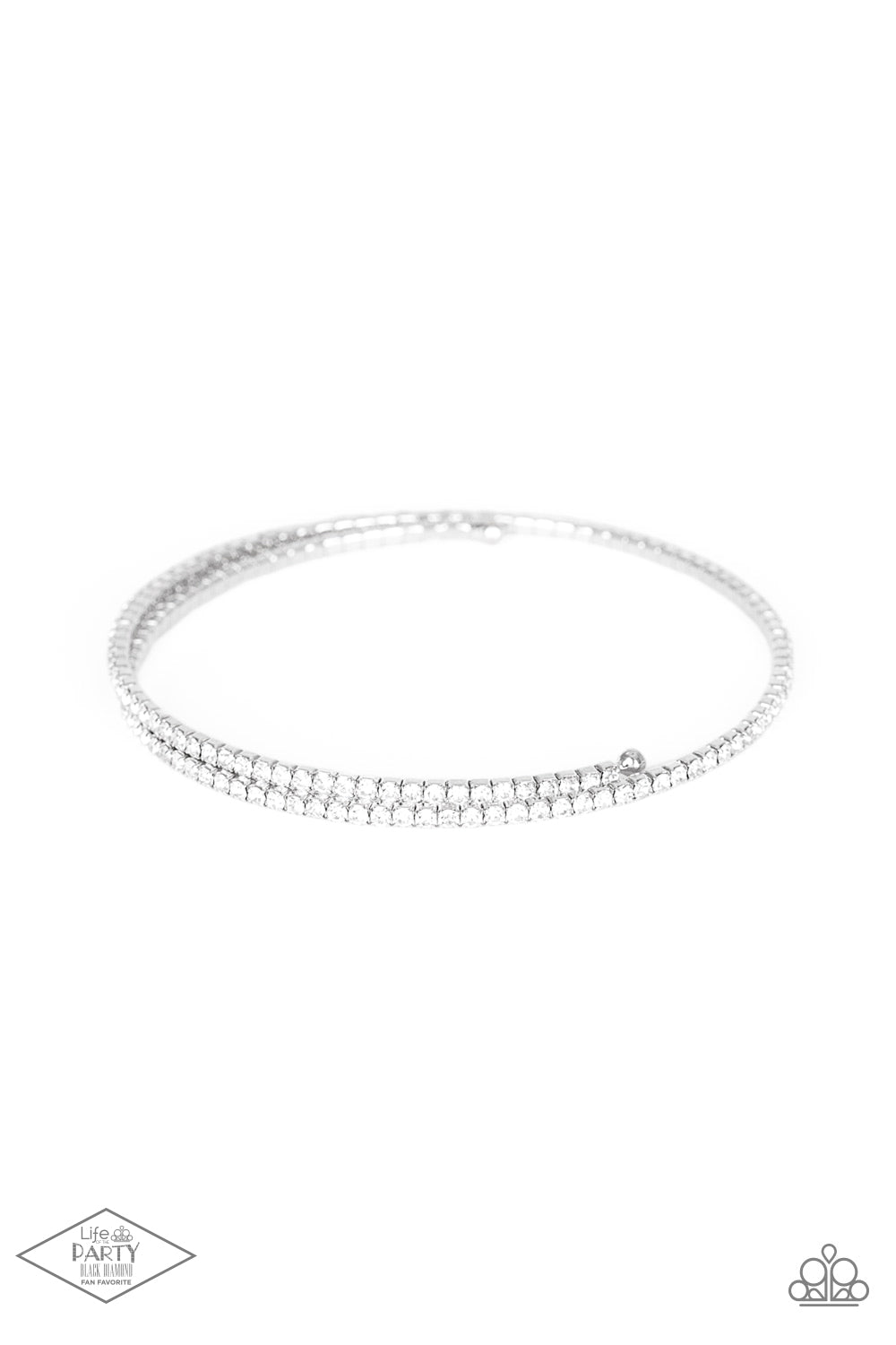 Dotted in dainty white rhinestones, a flexible wire coils around the wrist for a refined flair.  All Paparazzi Accessories are lead free and nickel free!  Sold as one individual bracelet.  This Fan Favorite is back in the spotlight at the request of our 2020 Life of the Party member with Black Diamond Access, LeCricia S.