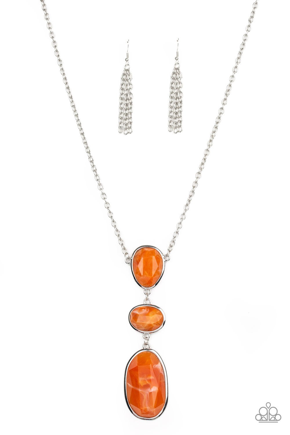 Making an Impact - Orange Item #P2SE-OGXX-211XX Featuring a colorful marble-like finish, three mismatched Orange Tiger acrylic frames link down the chest for a dramatic effect. Features an adjustable clasp closure. Color may vary.  Sold as one individual necklace. Includes one pair of matching earrings.