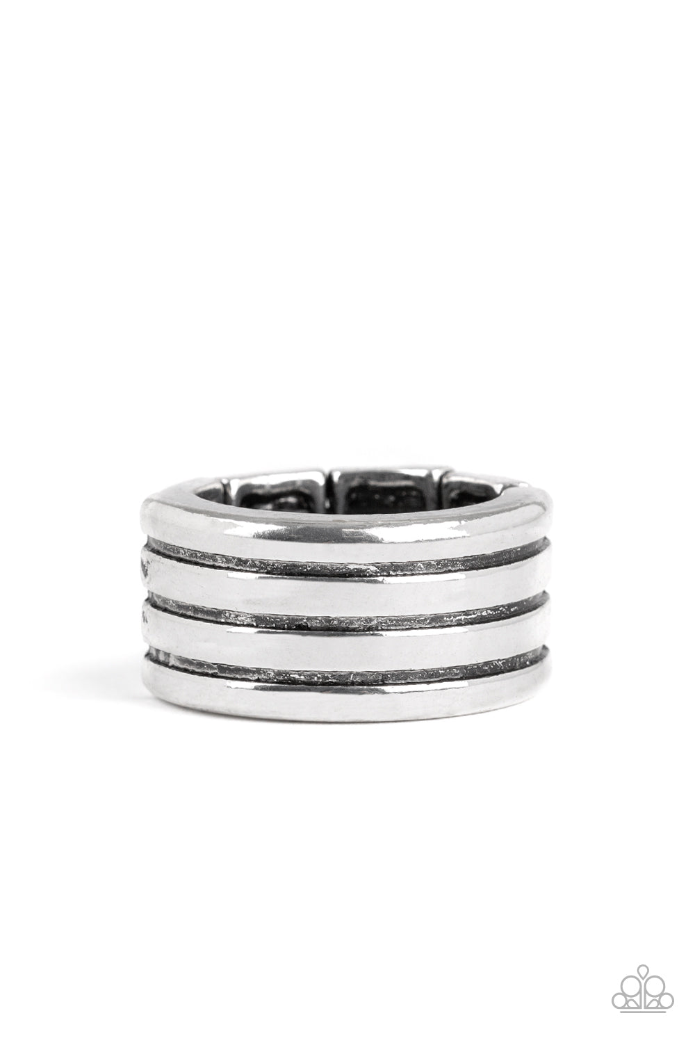 Zip Line Silver Urban Ring - Paparazzi Accessories  Row after row of horizontal lines are engraved across the front of a thick silver band for a rustic look. Features a stretchy band for a flexible fit.  Sold as one individual ring.