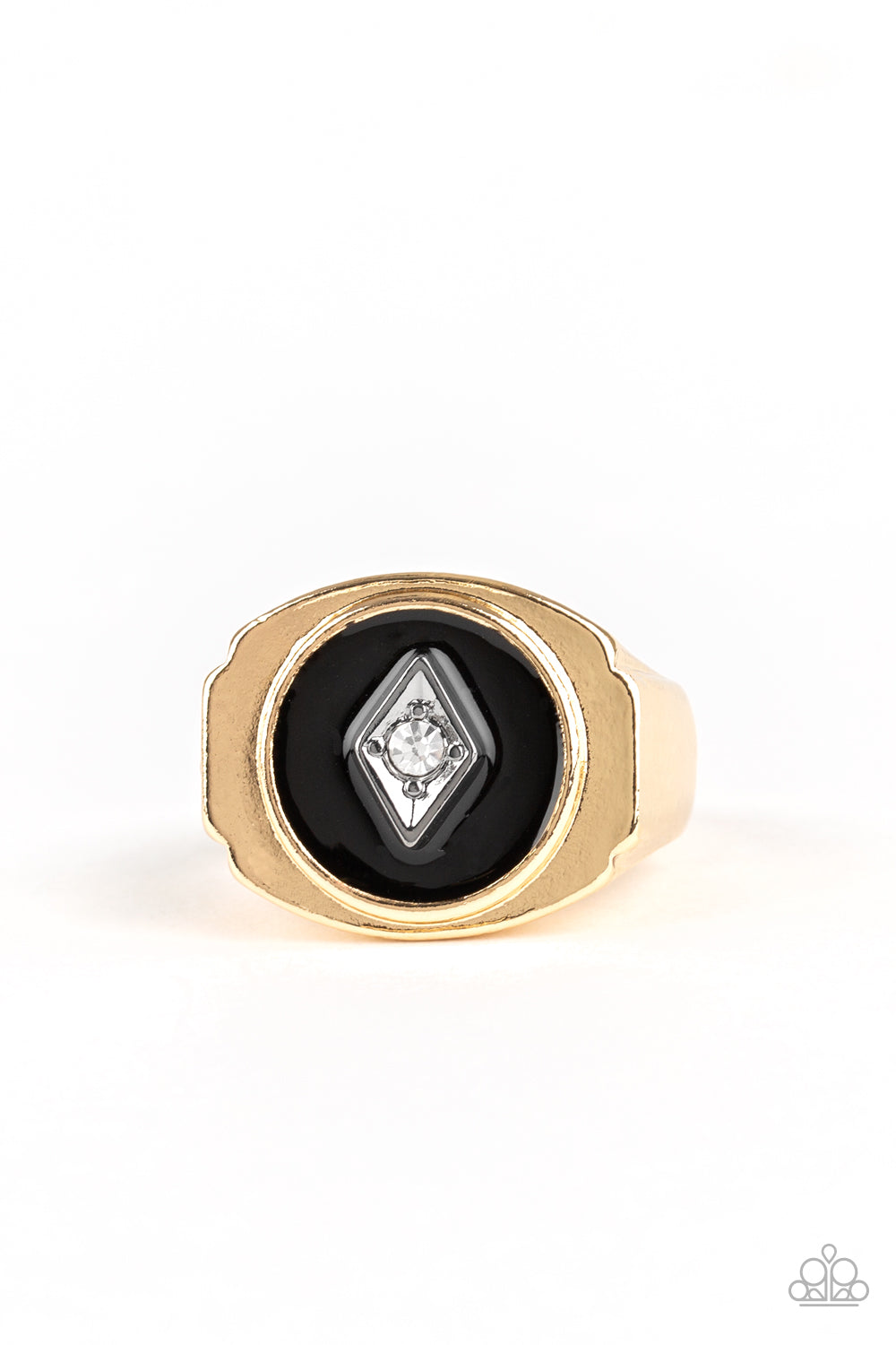 Alumni Gold Ring - Paparazzi Accessories  A solitaire white rhinestone is pressed into the center of a silver diamond that sits atop a painted black backdrop wrapped in a gold frame. Features a stretchy band for a flexible fit.  Sold as one individual ring.  P4MN-URGD-008XX