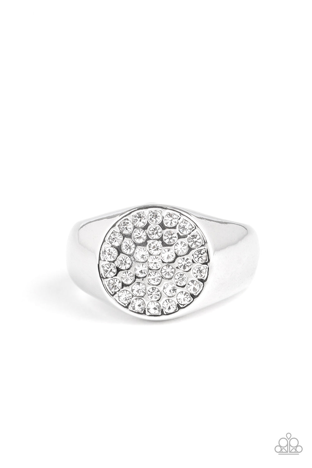 Conquest White Urban Ring - Paparazzi Accessories  Glassy white rhinestones are encrusted atop a flattened circular frame for a statement look. Features a stretchy band for a flexible fit.  All Paparazzi Accessories are lead free and nickel free!  Sold as one individual ring.