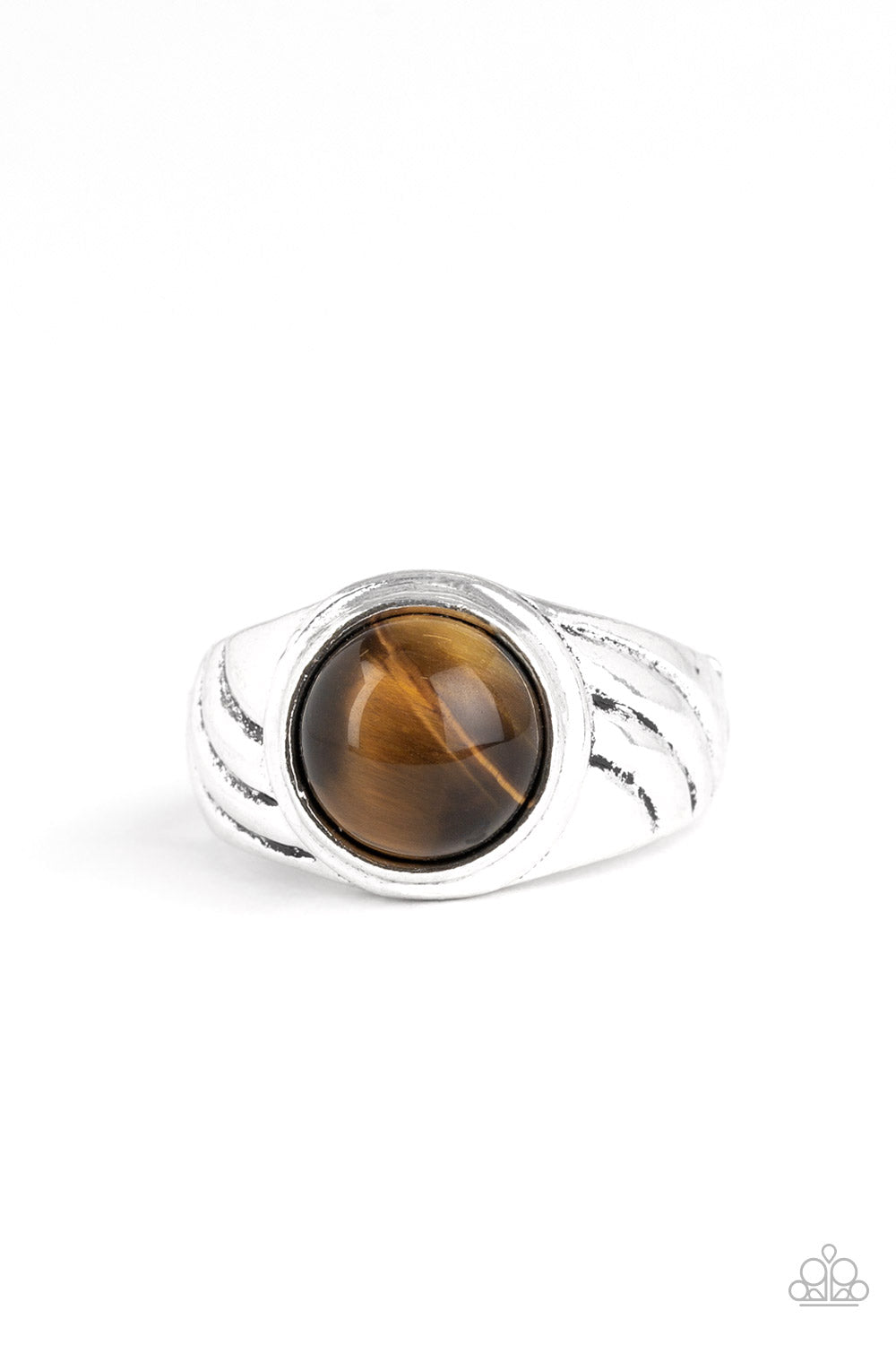 Play It Cool Brown Urban Ring - Paparazzi Accessories  A round tiger's eye stone is pressed into the center of an antiqued silver band for a rustic look. Features a stretchy band for a flexible fit.  Sold as one individual ring.