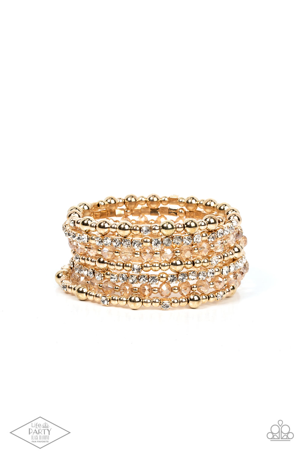 ICE Knowing You Gold Bracelet - Paparazzi Accessories  An icy collection of gold beads, gold cubes, golden crystals, and glassy white rhinestones are threaded along a coiled wire, creating a blinding infinity wrap style bracelet around the wrist.  Sold as one individual bracelet. This Fan Favorite is back in the spotlight at the request of our 2021 Life of the Party member with Black Diamond Access, Martha M.
