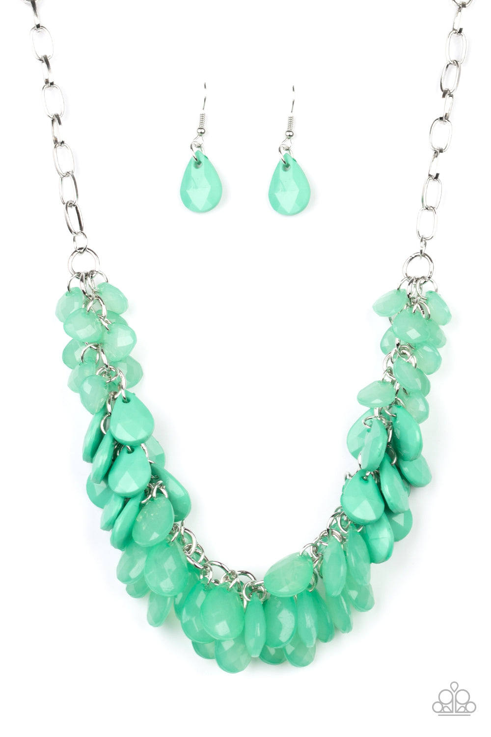 Colorfully Clustered Green Necklace - Paparazzi Accessories  A minty green collection of polished and crystal-like teardrop beads cluster along the bottom of a shimmery silver chain, creating a flirtatious fringe below the collar. Features an adjustable clasp closure.   All Paparazzi Accessories are lead free and nickel free!  Sold as one individual necklace. Includes one pair of matching earrings.