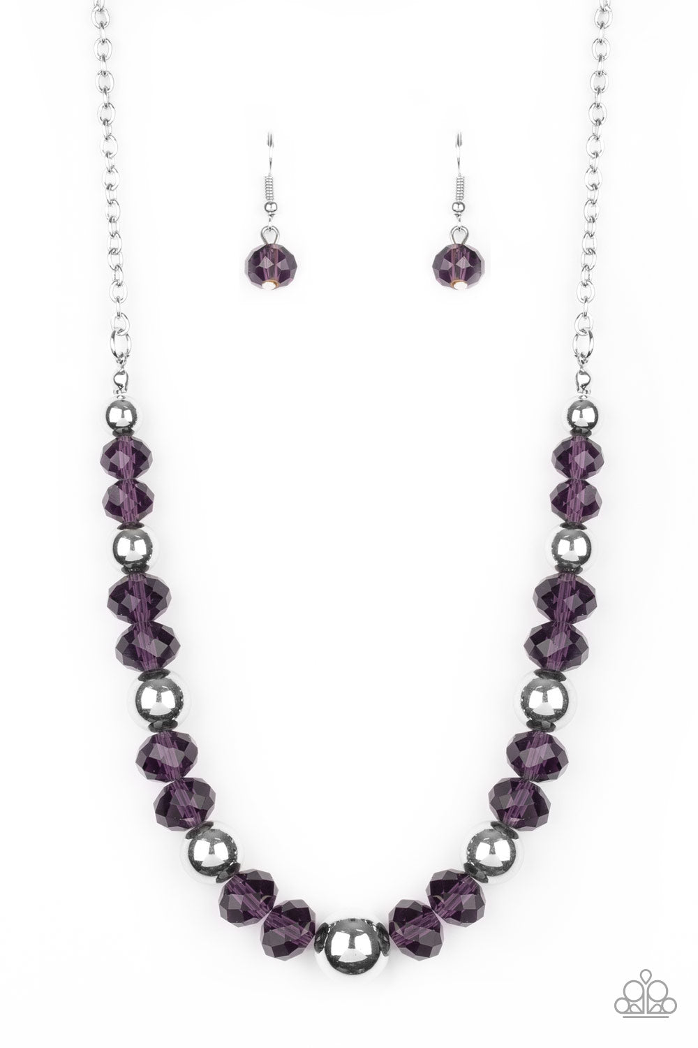 Jewel Jam Purple Necklace - Paparazzi Accessories  A glittery collection of purple crystal-like beads and shiny silver beads are threaded along an invisible wire below the collar for a refined flair. Features an adjustable clasp closure.  Sold as one individual necklace. Includes one pair of matching earrings.