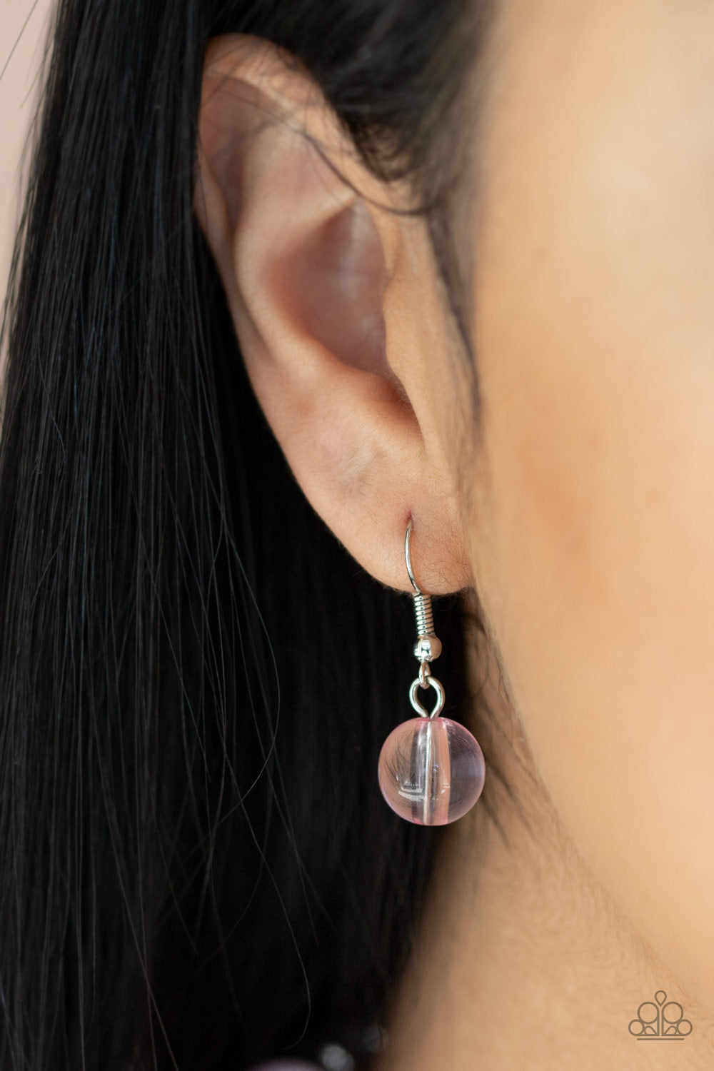 Bubbly Beauty Pink Necklace - Paparazzi Accessories  Featuring dainty silver and pink acrylic discs, a collection of oversized glassy pink beads are threaded along an invisible wire below the collar for a colorfully bubbly look. Features an adjustable clasp closure.  All Paparazzi Accessories are lead free and nickel free!  Sold as one individual necklace. Includes one pair of matching earrings.