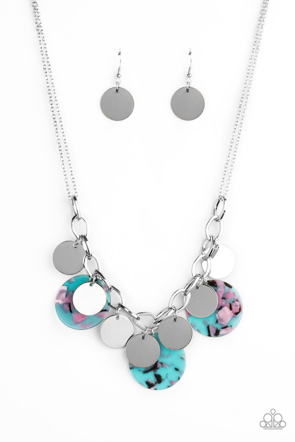 ﻿Confetti Confection Blue Necklace - Paparazzi Accessories  Attached to doubled silver chain, a playful collection of colorful acrylic discs and shiny silver discs swing from the bottom of a bold silver chain, creating a bubbly fringe below the collar. Features an adjustable clasp closure. Color may vary.   All Paparazzi Accessories are lead free and nickel free!  Sold as one individual necklace. Includes one pair of matching earrings.
