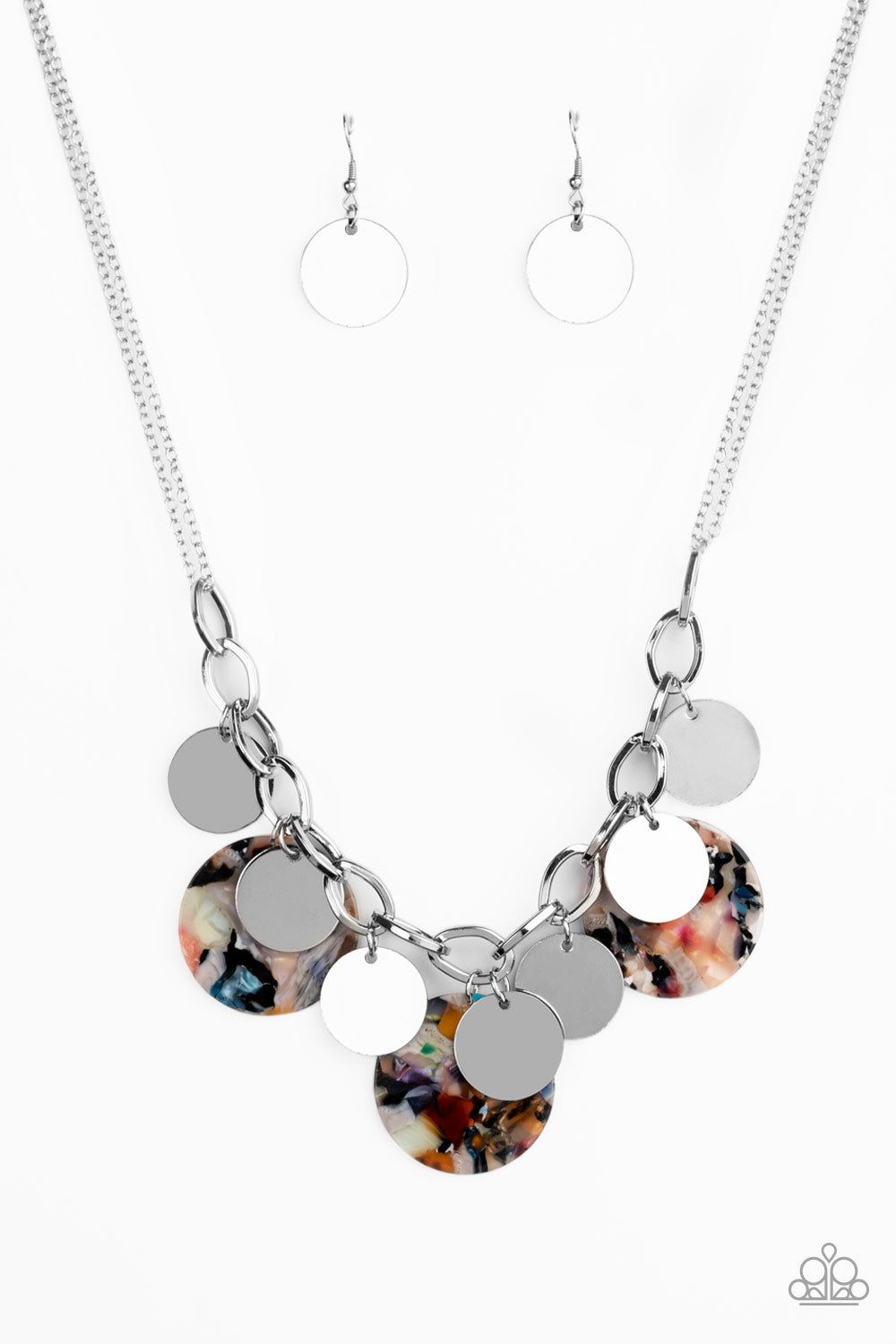 Confetti Confection Multi Necklace - Paparazzi Accessories  Attached to doubled silver chain, a playful collection of colorful acrylic discs and shiny silver discs swing from the bottom of a bold silver chain, creating a bubbly fringe below the collar. Features an adjustable clasp closure. Color may vary.  All Paparazzi Accessories are lead free and nickel free!  Sold as one individual necklace. Includes one pair of matching earrings.