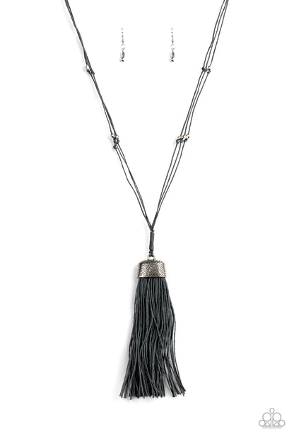 Brush It Off Silver Necklace - Paparazzi Accessories  A plume of gray cording flares out from the bottom of a hammered silver fitting, creating an edgy tassel at the bottom of lengthened gray cords dotted in antiqued silver beads. Features an adjustable clasp closure.   All Paparazzi Accessories are lead free and nickel free!  Sold as one individual necklace. Includes one pair of matching earrings.