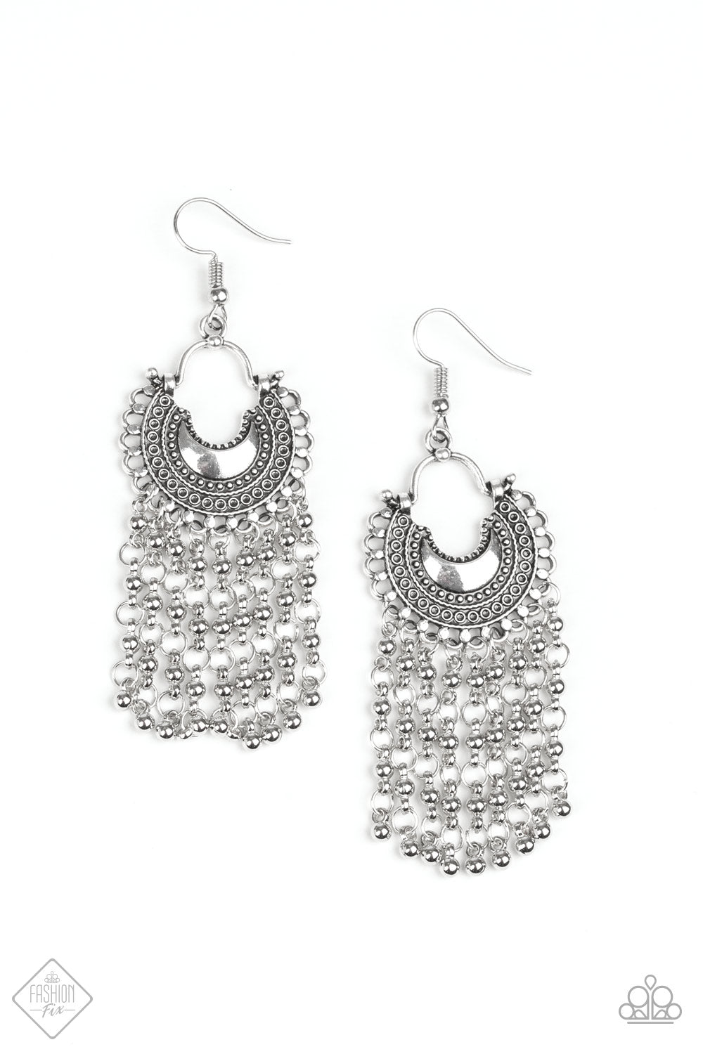 Catching Dreams Silver Earring - Paparazzi Accessories Item #E148 Beaded silver chains stream from the bottom of a textured half-moon silver frame, creating a dreamy fringe. Earring attaches to a standard fishhook fitting. All Paparazzi Accessories are lead free and nickel free!  Sold as one pair of earrings.