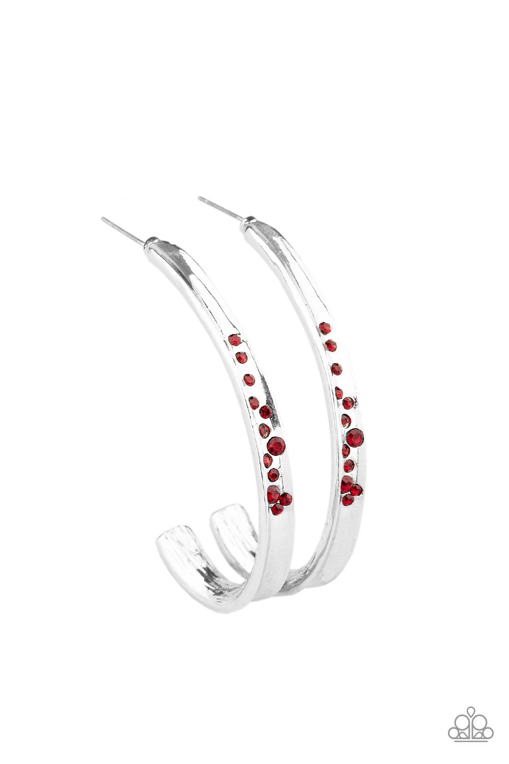 Completely Hooked - Red Item #JJG-E171 Featuring a concaved surface, a glistening silver ribbon is encrusted in a section of glassy red rhinestones as it curves into a half-hoop. Earring attaches to a standard post fitting. Hoop measures approximately 1 1/4" in diameter. All Paparazzi Accessories are lead free and nickel free!  Sold as one pair of hoop earrings.