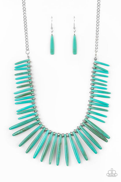 Out of My Element Blue Acrylic LOP Necklace - Paparazzi Accessories Item #N84 Flanked by dainty silver beads, shiny turquoise rod-like acrylic frames are threaded along an invisible wire, creating a colorful fringe below the collar. Features an adjustable clasp closure. All Paparazzi Accessories are lead free and nickel free!  Sold as one individual necklace. Includes one pair of matching earrings.