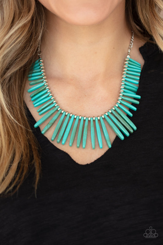 Out of My Element Blue Acrylic LOP Necklace - Paparazzi Accessories Item #N84 Flanked by dainty silver beads, shiny turquoise rod-like acrylic frames are threaded along an invisible wire, creating a colorful fringe below the collar. Features an adjustable clasp closure. All Paparazzi Accessories are lead free and nickel free!  Sold as one individual necklace. Includes one pair of matching earrings.