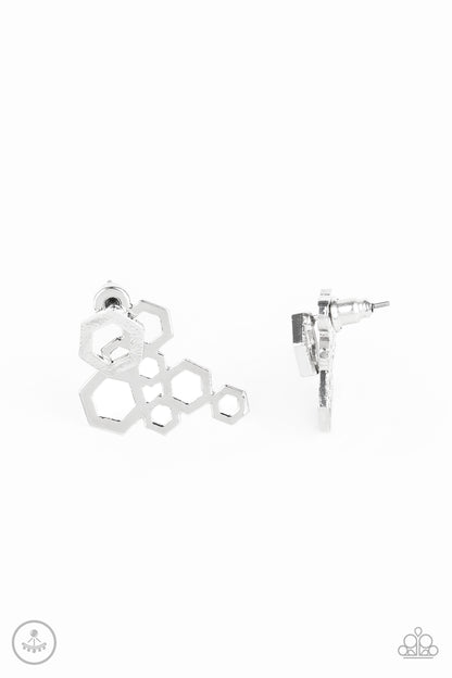 Six-Sided Shimmer Silver Jacket Earring - Paparazzi Accessories