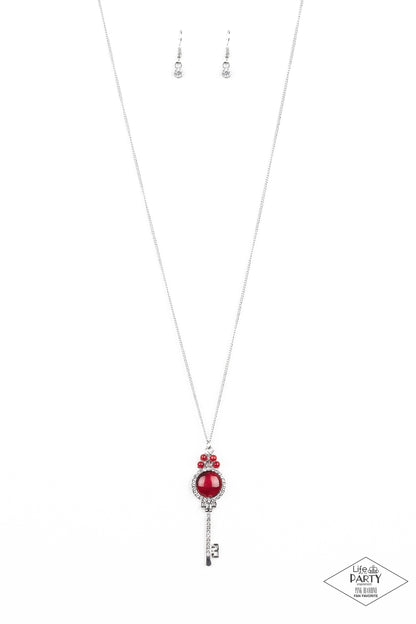 Unlock Every Door Red Necklace. A luminescent red cat's eye stone is pressed into a silver key charm, creating a colorful pendant. Infused with iridescent red cat's eye beading, the silver key is encrusted in glittery white rhinestones for a dazzling finish. Features an adjustable clasp closure. All Paparazzi Accessories are lead free and nickel free! Includes one pair of matching earrings.  This Fan Favorite is back in the spotlight in an all new color.