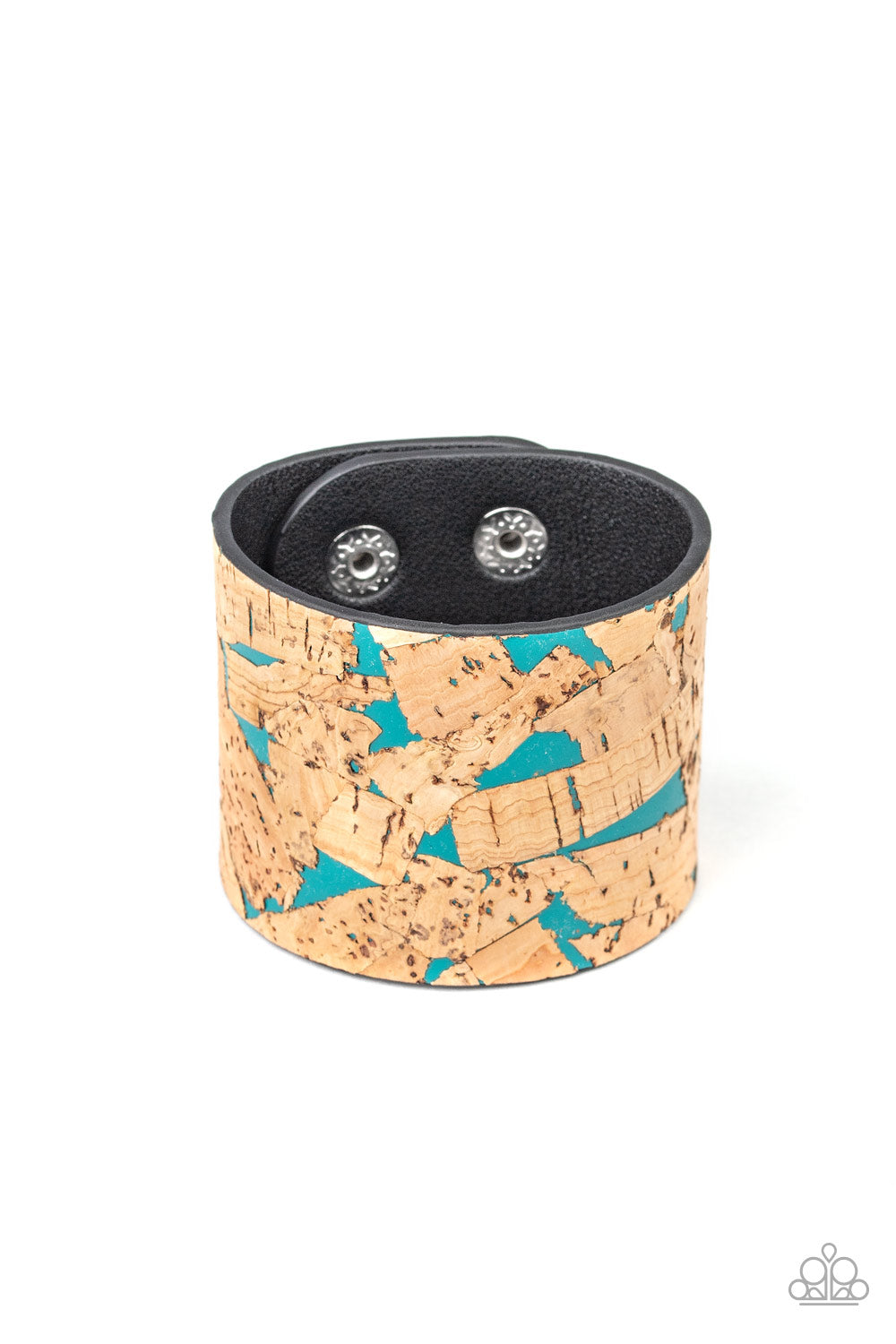 Cork Congo Blue Wrap Bracelet - Paparazzi Accessories Pieces of cork have been plastered across the front of a blue leather band, creating an earthy look around the wrist. Features an adjustable snap closure. Sold as one individual bracelet.