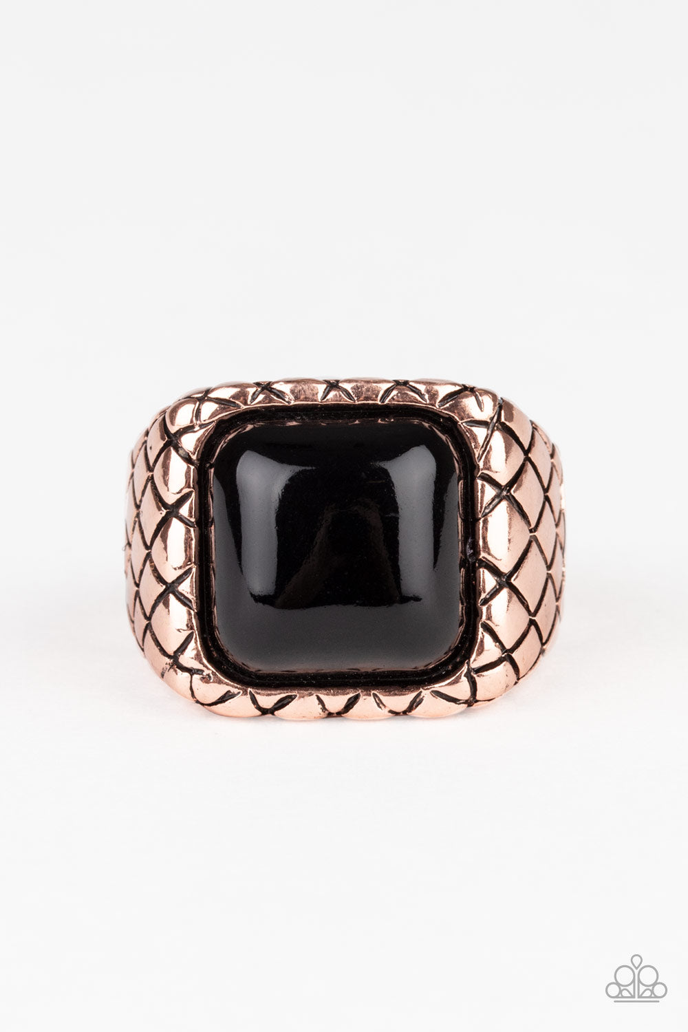 Dont Cross Me Copper Urban Ring - Paparazzi Accessories  An oversized black square bead is pressed into the center of a thick copper band stamped in crisscrossing texture for an edgy look. Features a stretchy band for a flexible fit.  All Paparazzi Accessories are lead free and nickel free!  Sold as one individual ring.