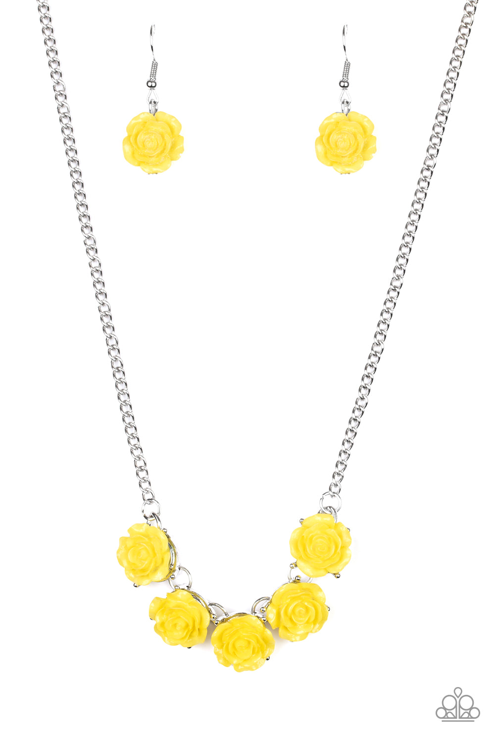 Garden Party Posh Yellow Necklace - Paparazzi Accessories Attached to a shimmery silver chain, a dainty collection of yellow resin roses collect beneath the collar for a whimsical look. Features an adjustable clasp closure.  ﻿All Paparazzi Accessories are lead free and nickel free!  Sold as one individual necklace. Includes one pair of matching earrings.