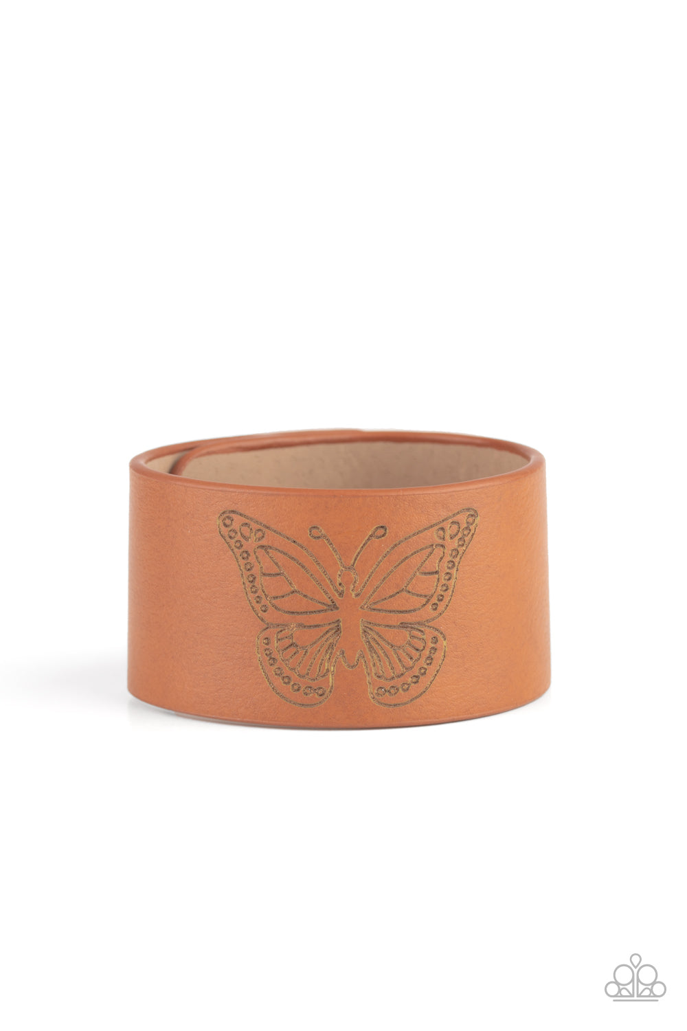 Flirty Flutter Brown Wrap Bracelet - Paparazzi Accessories Stamped in a whimsical butterfly, a rustic piece of brown leather wraps around the wrist for a seasonal flair. Features an adjustable snap closure.   All Paparazzi Accessories are lead free and nickel free!  Sold as one individual bracelet.
