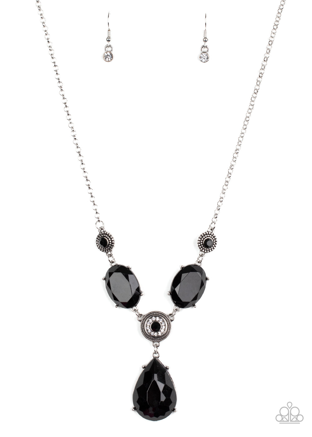 Heirloom Hideaway Black Necklace - Paparazzi Accessories. A collection of black and white rhinestone dotted silver frames link with a pair of black oval gems below the collar. A dramatically oversized black teardrop drips from the center, creating a glamorous pendant. Features an adjustable clasp closure.  All Paparazzi Accessories are lead free and nickel free!   Sold as one individual necklace. Includes one pair of matching earrings.