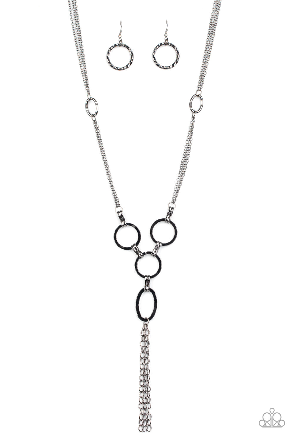 Metro Mechanics Black Necklace - Paparazzi Accessories. Hammered gunmetal rings and ovals link into an industrial style pendant at the bottom of shimmery sections of gunmetal chains. Classic gunmetal chains stream from the bottom of the display, adding edgy movement. Features an adjustable clasp closure.  All Paparazzi Accessories are lead free and nickel free!  Sold as one individual necklace. Includes one pair of matching earrings.