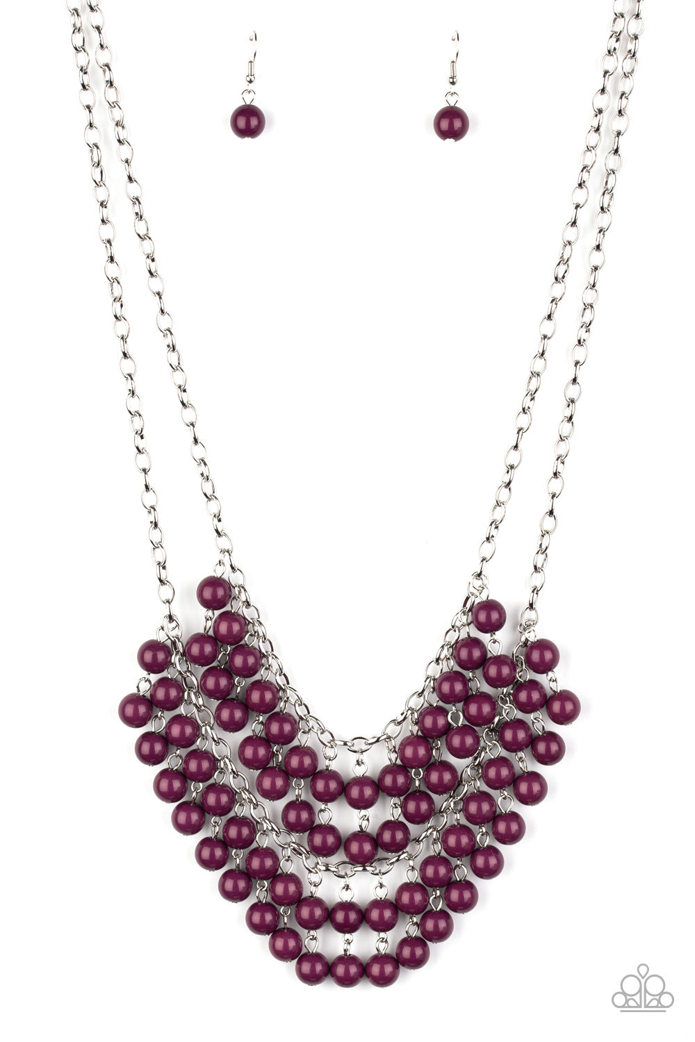 Bubbly Boardwalk Purple Necklace - Paparazzi Accessories  Pairs of plum beads cascade from the bottoms of two silver chains, creating a vivaciously layered fringe below the collar. Features an adjustable clasp closure.  All Paparazzi Accessories are lead free and nickel free!  Sold as one individual necklace. Includes one pair of matching earrings.