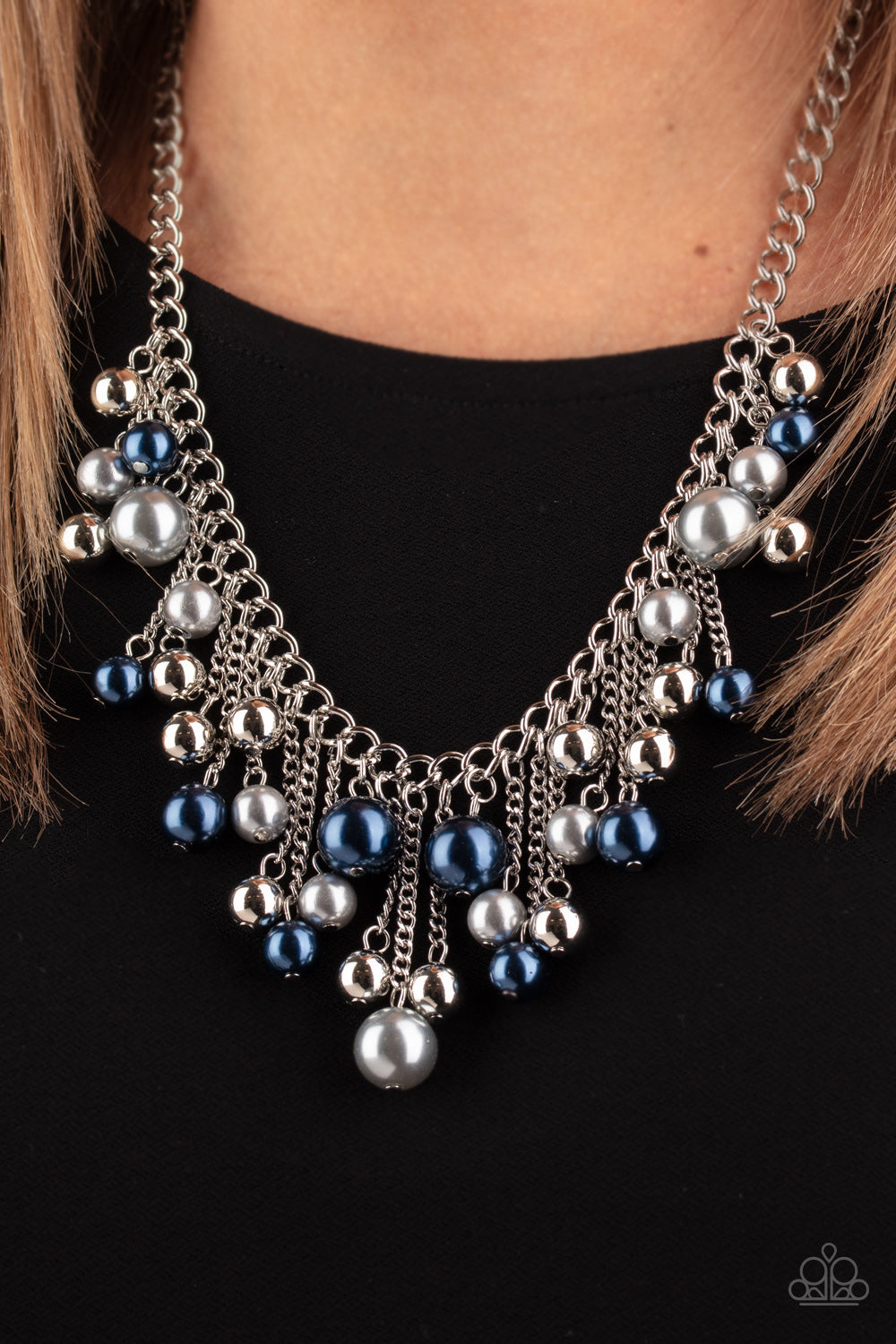 City Celebrity Multi Necklace - Paparazzi Accessories  Attached to silver chains, a bubbly collection of blue and gray pearls and shiny silver beads cascade from a thick silver chain, creating a flirtatious fringe below the collar. Features an adjustable clasp closure.   All Paparazzi Accessories are lead free and nickel free!  Sold as one individual necklace. Includes one pair of matching earrings.